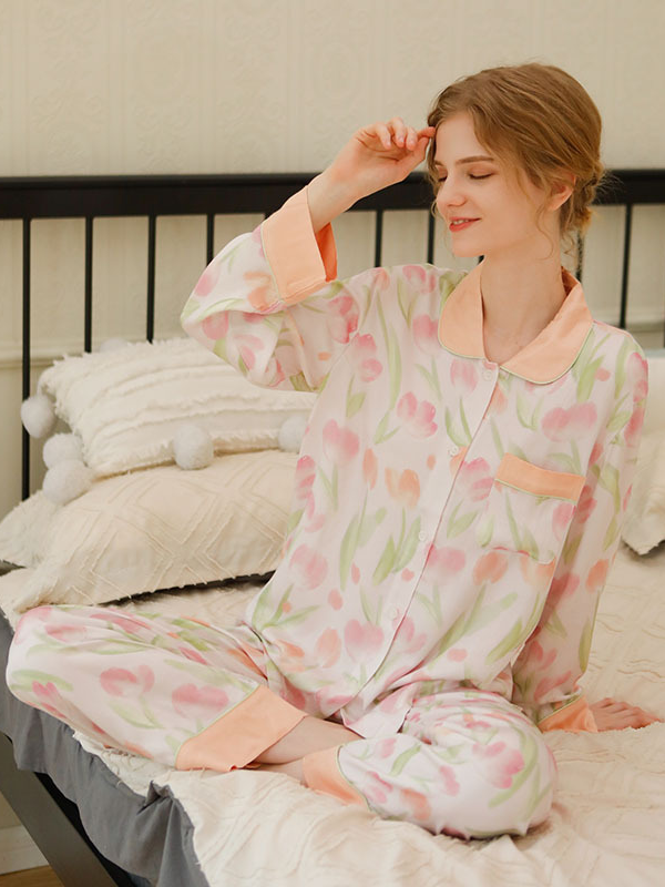 Floral Shawl Collar Simple Loose Long Sleeve Pajama Set