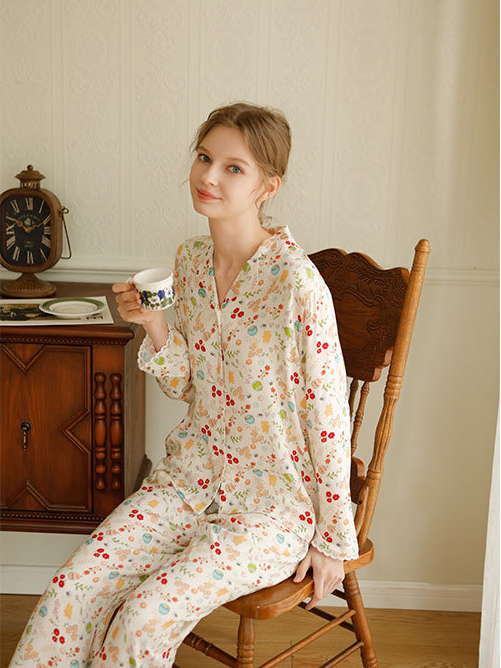 Floral Loose Shawl Collar Satin Vacation Long Sleeve Pajama Set