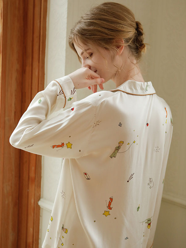 Shawl Collar Simple Star Regular Fit Long Sleeve Pajama Set