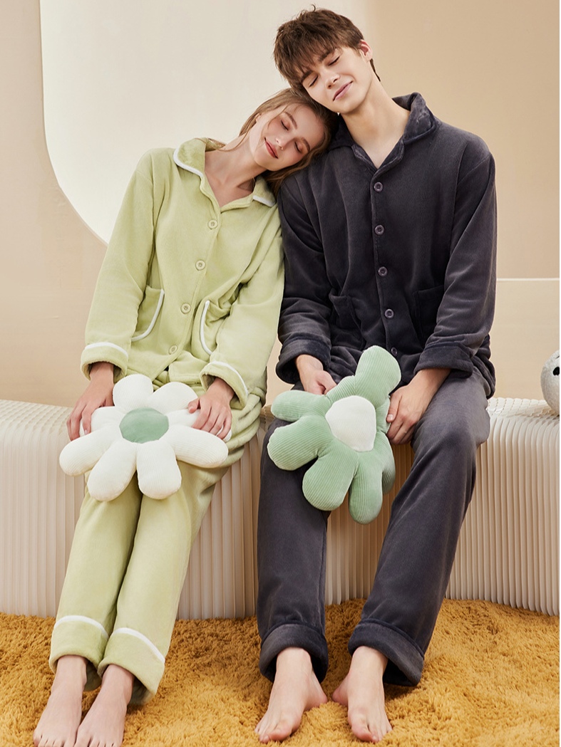 Regular Fit Casual Plain Shawl Collar Couple Pajama Set