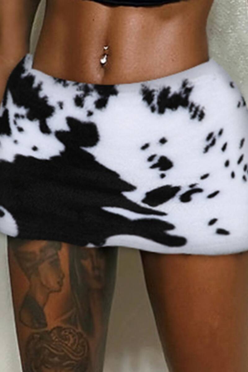 Black White Sexy Casual Print Basic Skinny High Waist Conventional Full Print Skirts