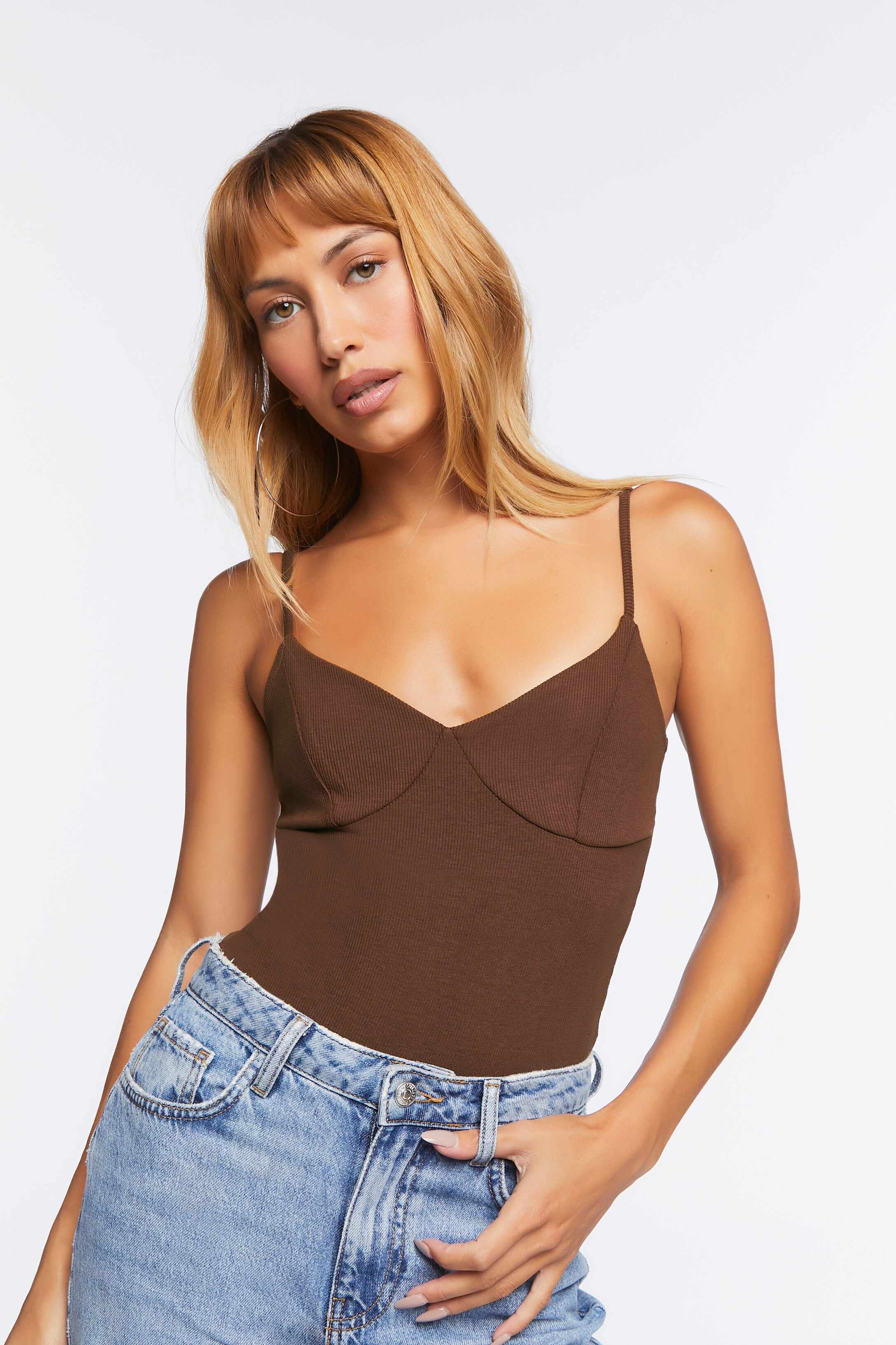 Women Apparel | Cami Bustier Bodysuit Brown Forever21 - IQ23814