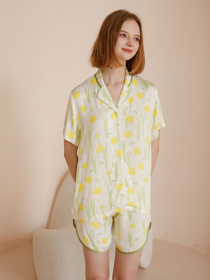 V Neck Regular Fit Floral Simple Short Sleeve Pajama Set