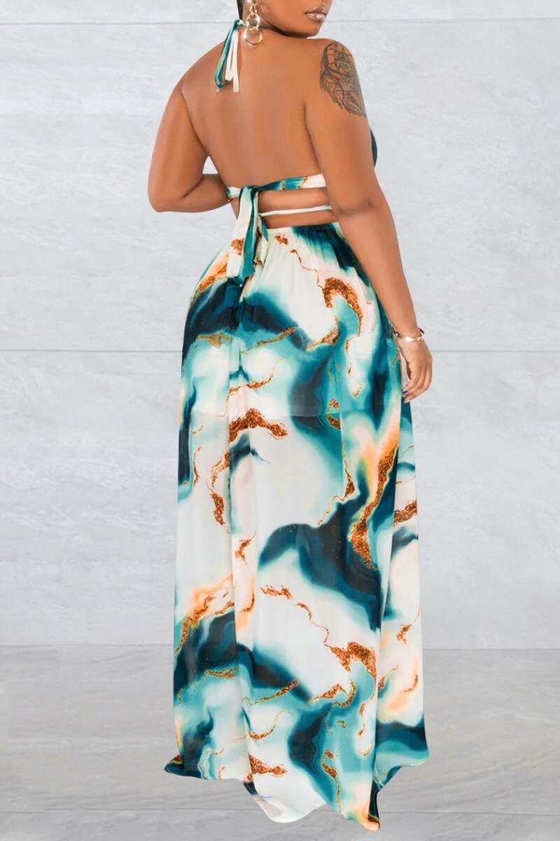 White Sexy Print Bandage Backless Spaghetti Strap Long Dress (Without Waist Chain ,Subject To The Actual Object)