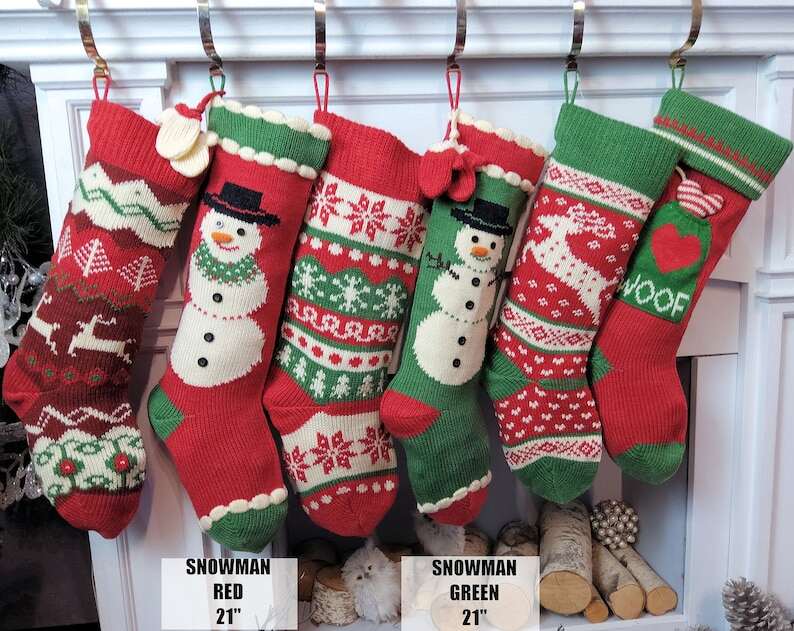 Knitted Christmas Stockings Red IVORY Green Fun Snowflake Family with Pets Cat Mouse Meow and Dog Bone Woof Knit Personalized Embroidered