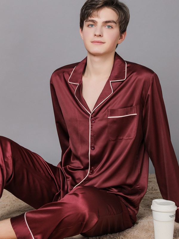 Ice Silk Plain Shawl Collar Casual Long Sleeve Couple Pajama Set