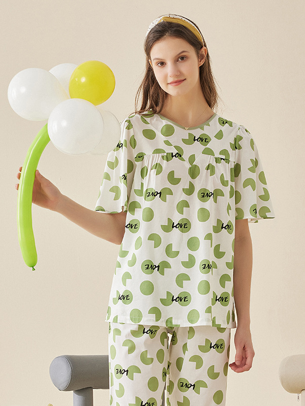 Modal Simple Letter Pattern Regular Fit Short Sleeve Pajama Set