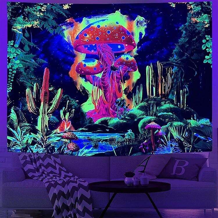 Trippy Land Black Light Tapestry UV Reactive Psychedelic Mushroom Cactus