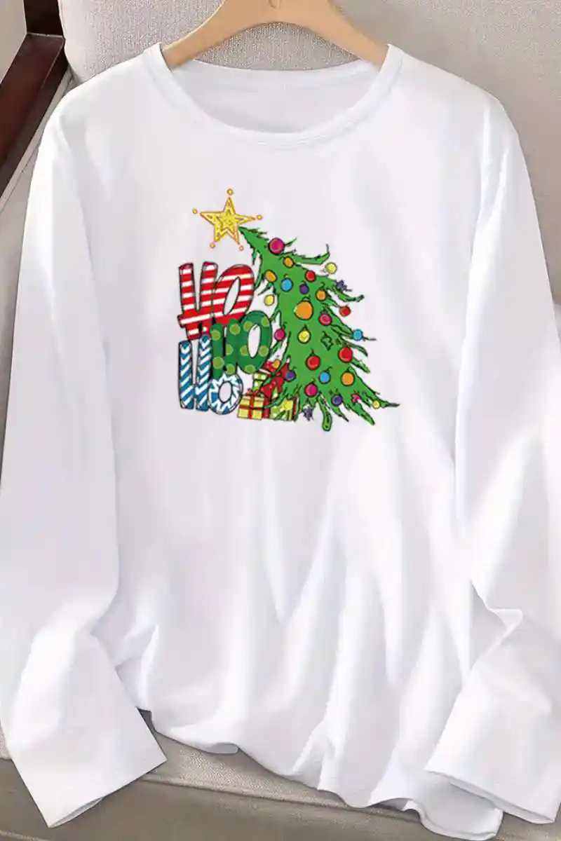 White Casual Christmas Tree Printed Basic O Neck T-Shirts