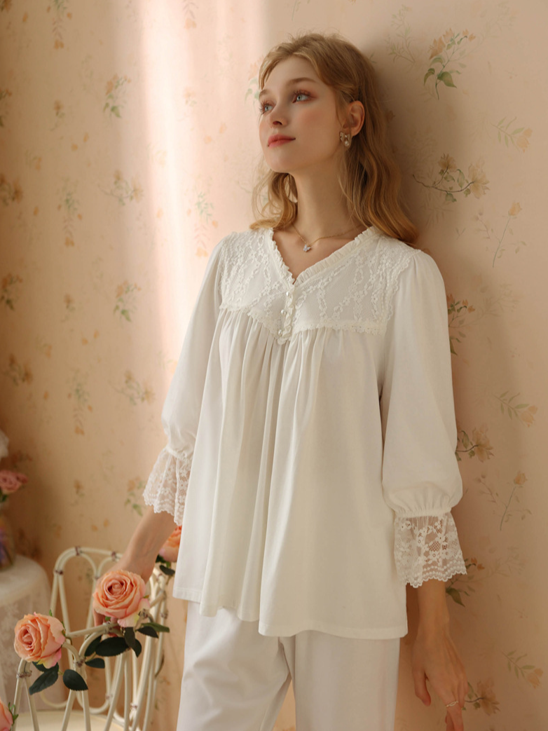 Lace Cotton V Neck Casual  Long Sleeve Pajama Set