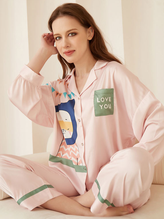 Simple Cartoon Ice Silk Loose Long Sleeve Pajama Set