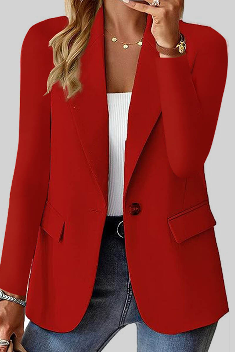 Red Casual Solid Cardigan Turn-back Collar Outerwear