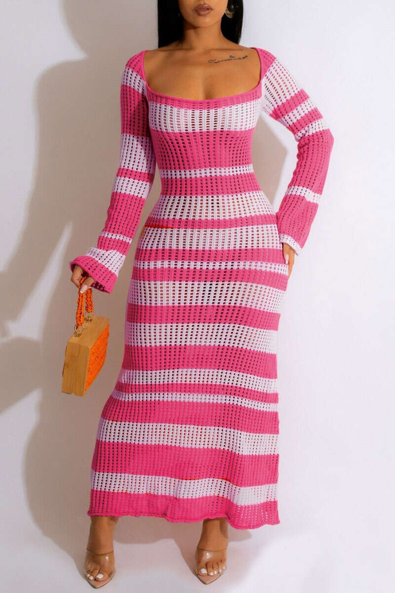 Orange Casual Patchwork Contrast Square Collar Long Sleeve Dresses