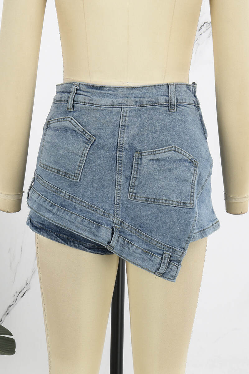 Deep Blue Casual Street Solid Patchwork Pocket Mid Waist Skinny Denim Shorts