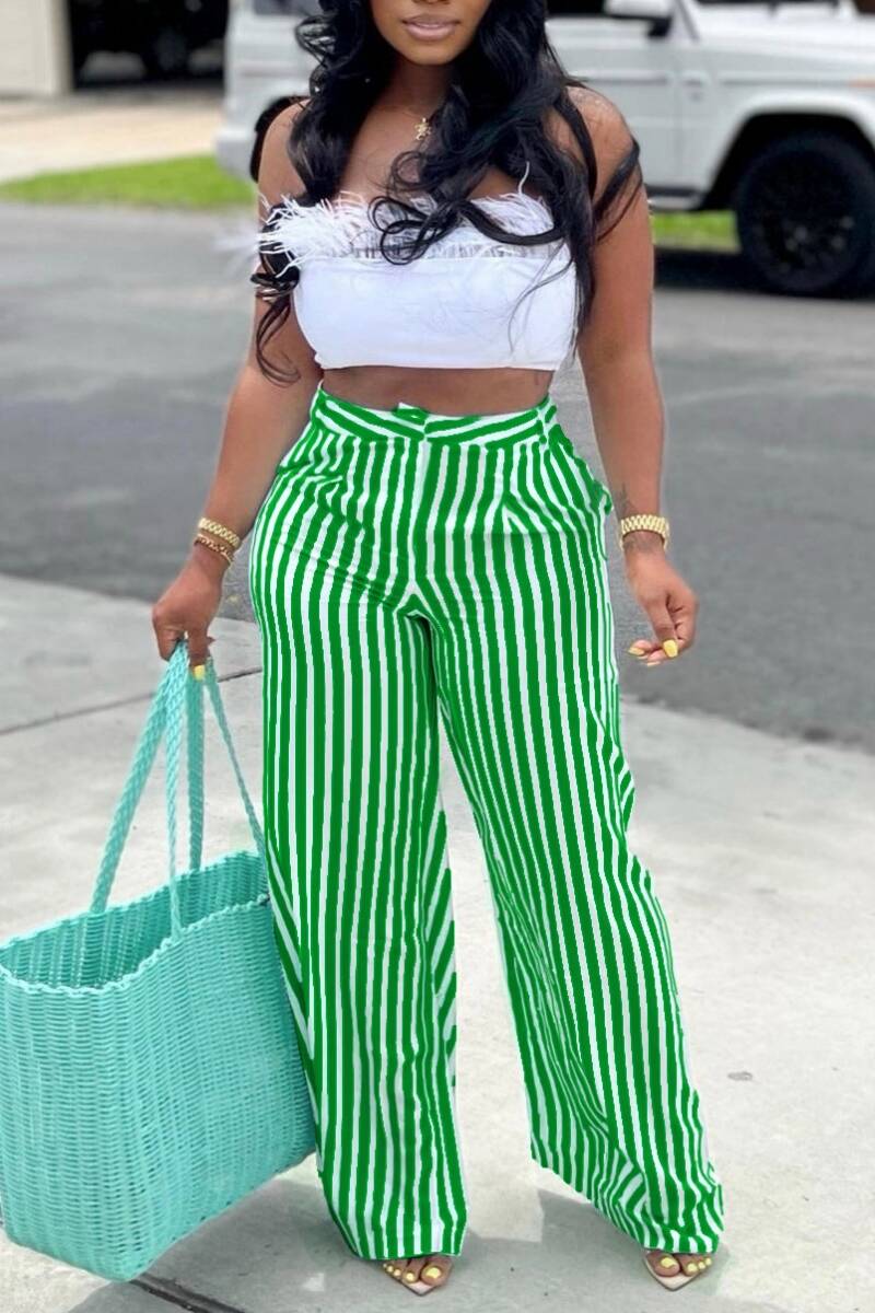 Green Casual Striped Print Patchwork Regular High Waist Conventional Full Print Trousers