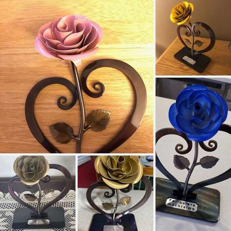 Iron Red Metal Rose with Heart-Shaped Stand