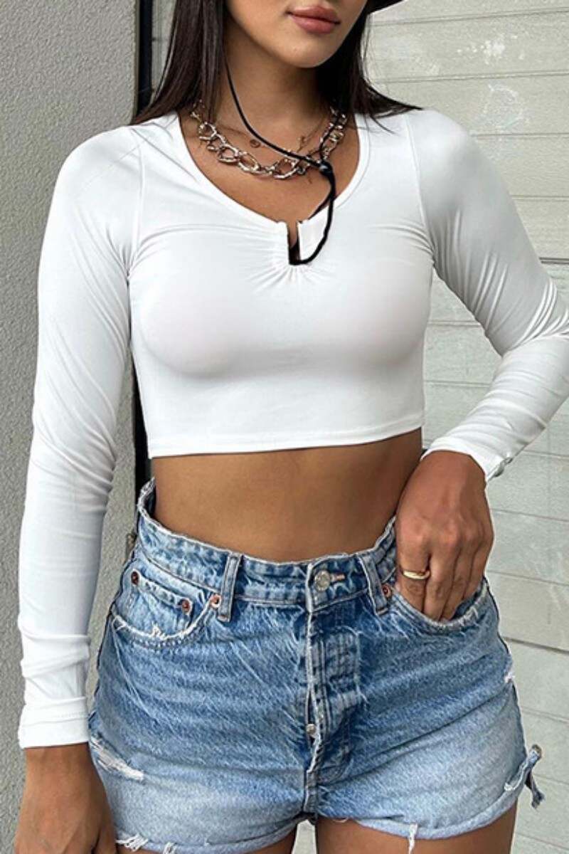 White Casual Solid Basic O Neck Tops