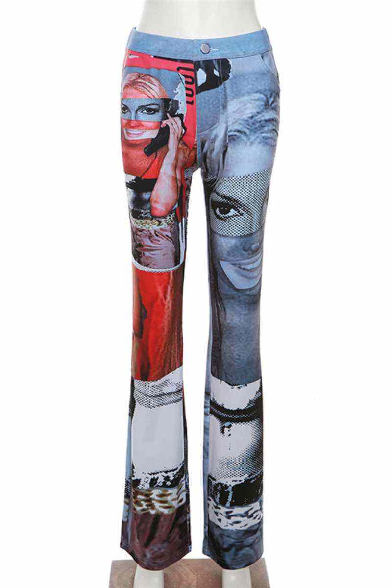 Grey Casual Print Basic Skinny High Waist Conventional Full Print Trousers