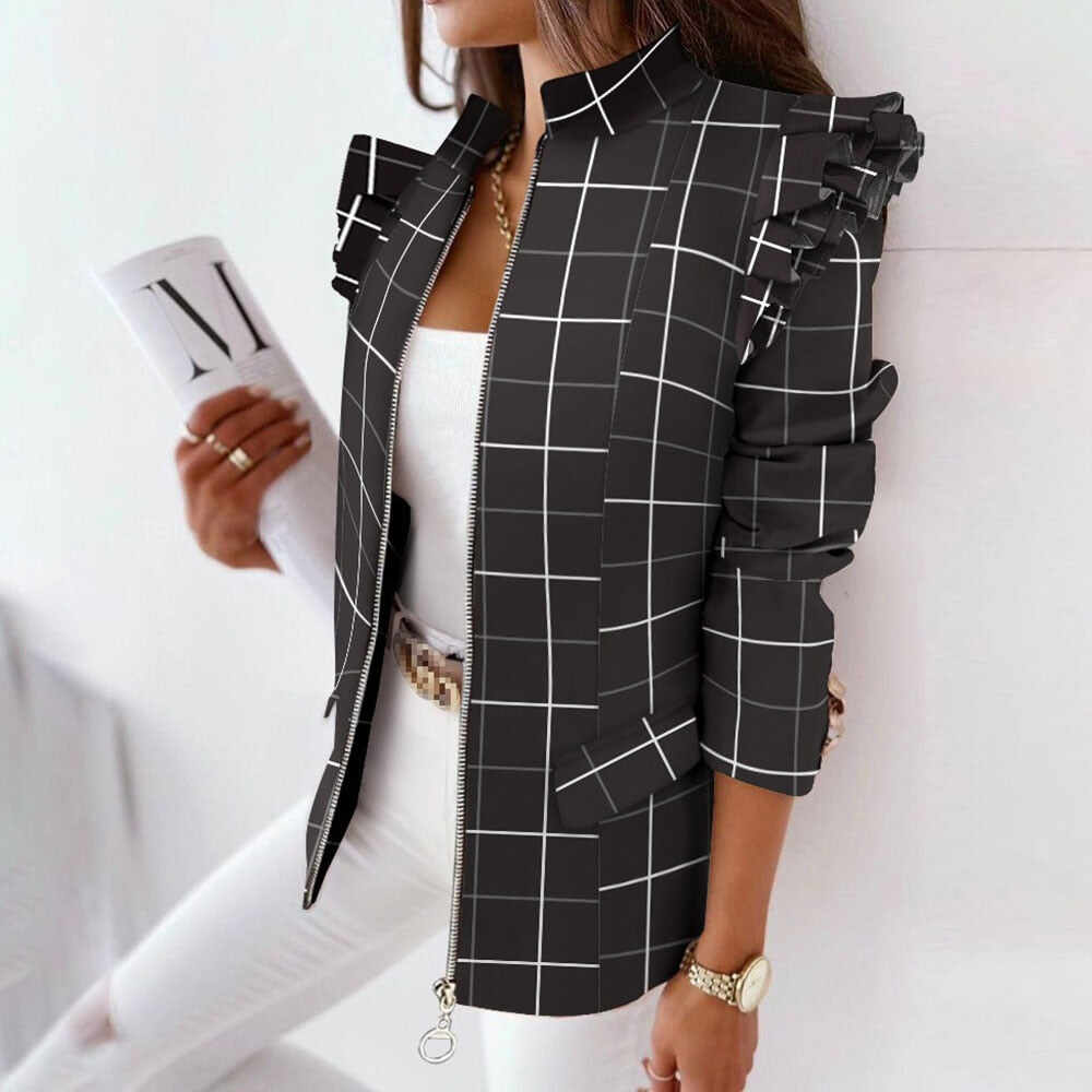 Melrose Plaid Print Ruffles Sleeve Zipper up coat