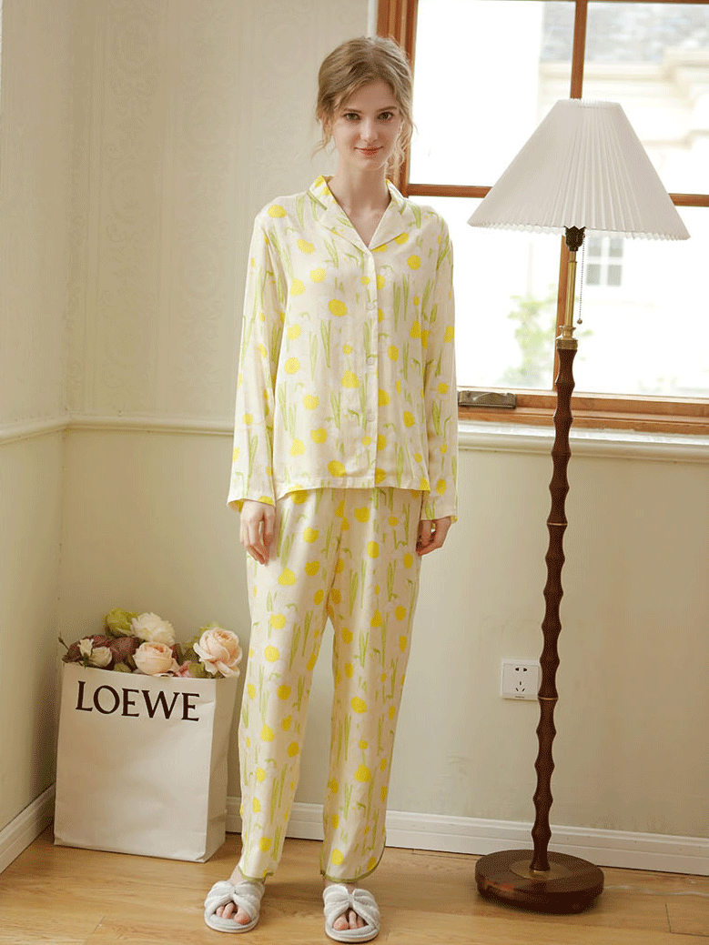 Vacation Loose Shawl Collar Long Sleeve Pajama Set