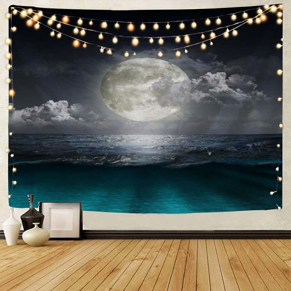 Moon Sea Sky Wall Tapestry Art Decor Landscape Full Night Ocean Cloud