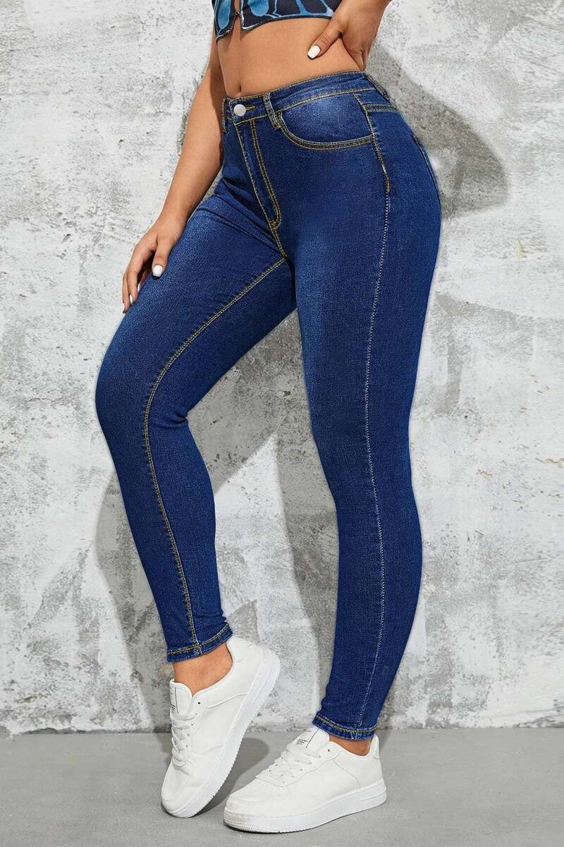 Deep Blue Casual Solid Patchwork High Waist Skinny Denim Jeans