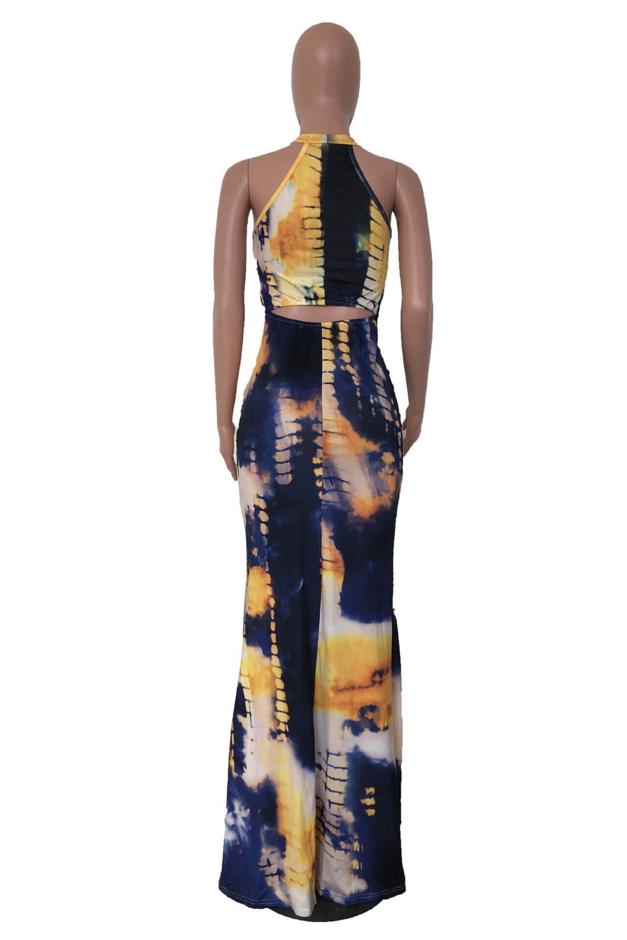 Yellow Fashion Sexy Print Tie-dye O Neck Sleeveless Dress