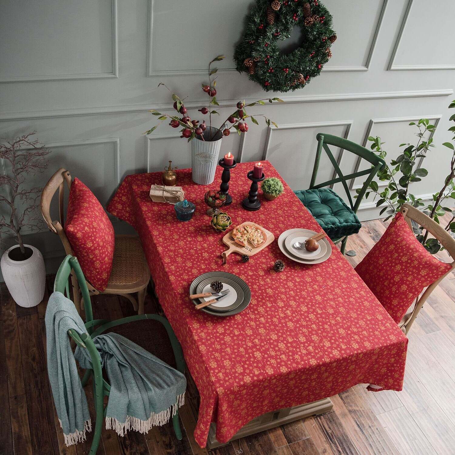 Christmas Snowflake Cotton Linen Rectangle Tablecloth for Kitchen Dining, Party, Holiday, Christmas, Buffet