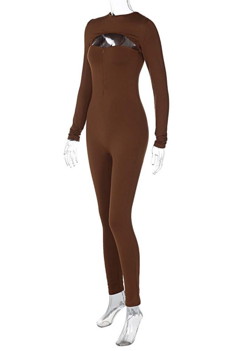 Brownness Sexy Casual Solid Hollowed Out O Neck Skinny Jumpsuits