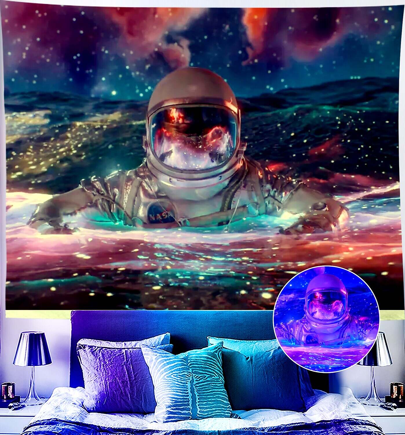 Astronaut Blacklight UV Reactive Wall Tapestry Universe Galaxy