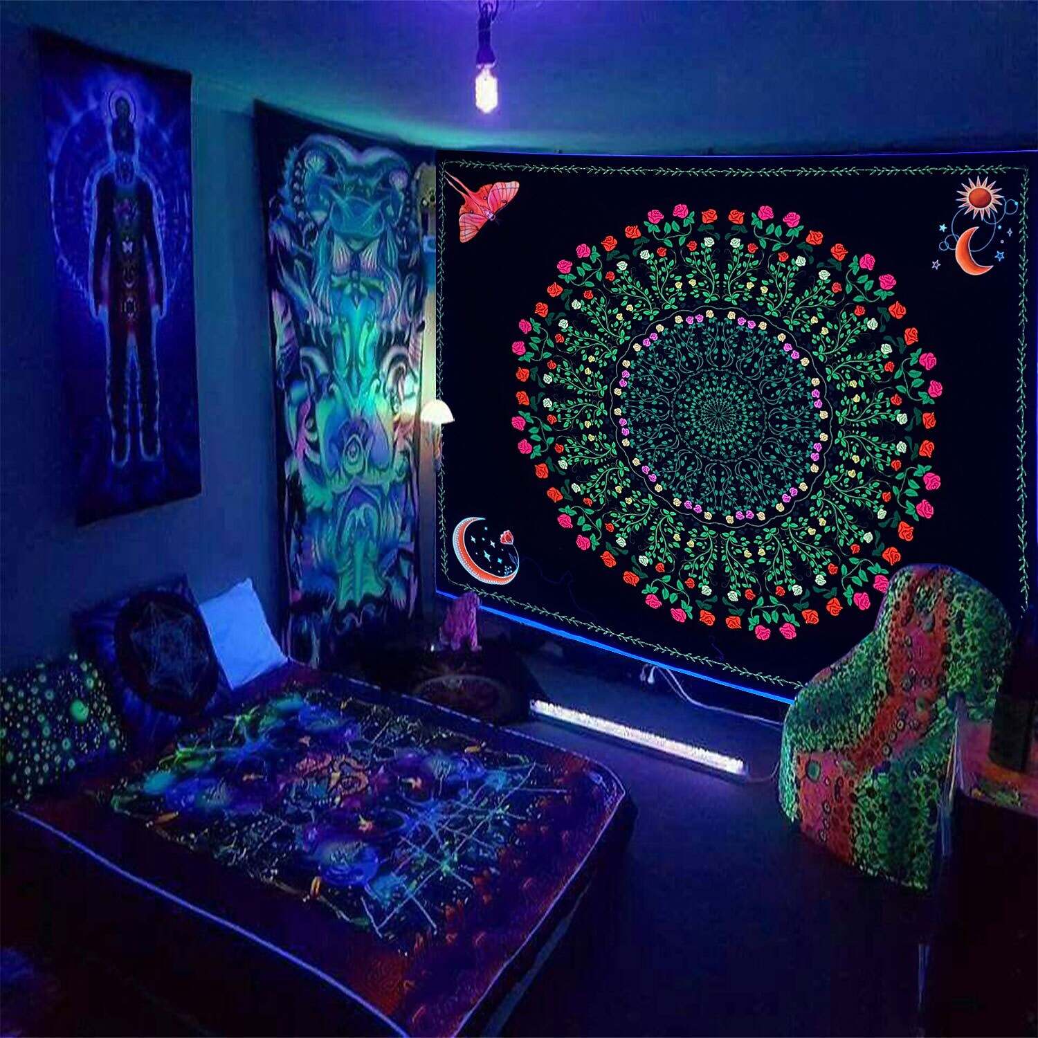 Blacklight UV Reactive Tapestry Trippy Mushroom Decoration Cloth