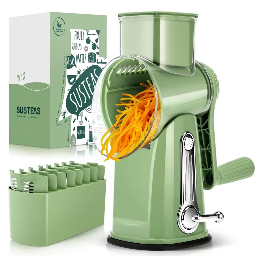 Rotary Cheese Grater with Handle, Vegetable Food Shredder with 5 Well-designed Blades & Strong Suction Base, Round Mandoline Slicer & Fruit Slicer for Kitchen