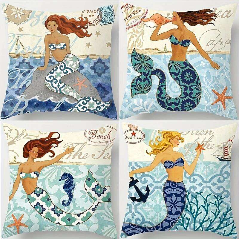 Mermaid Ocean Double Side Pillow Cover 4PC Summer Soft Decorative Square Cushion Case Pillowcase for Bedroom Livingroom Sofa Couch Chair