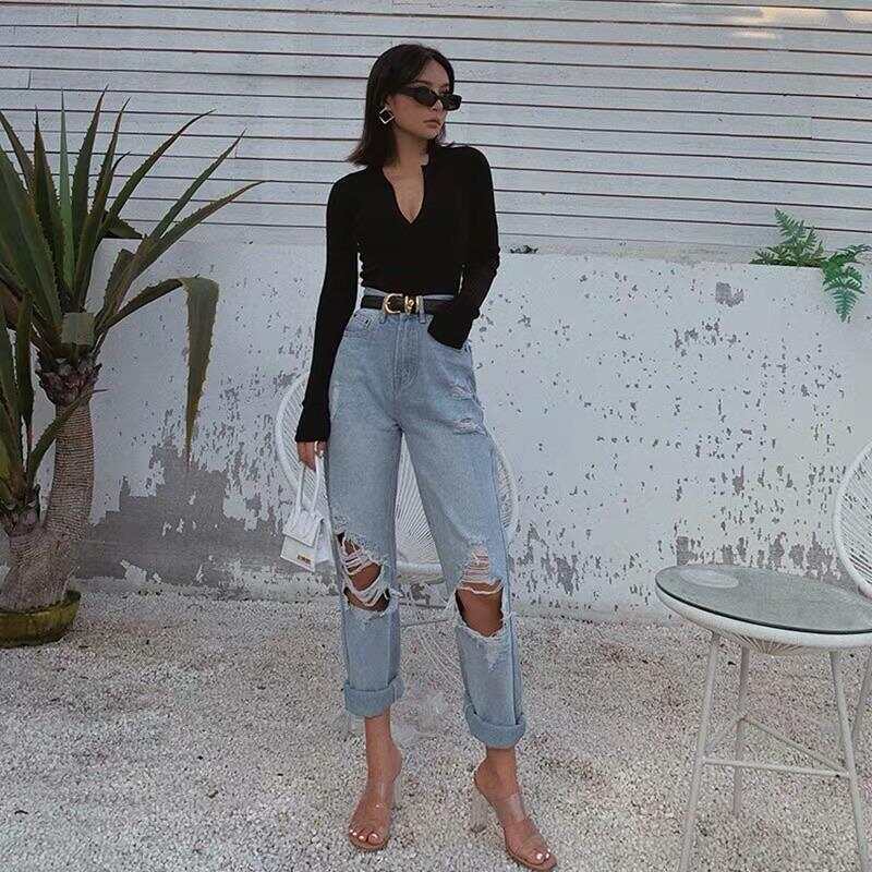 Light Blue denim Ripped Straight Leg Pants Women