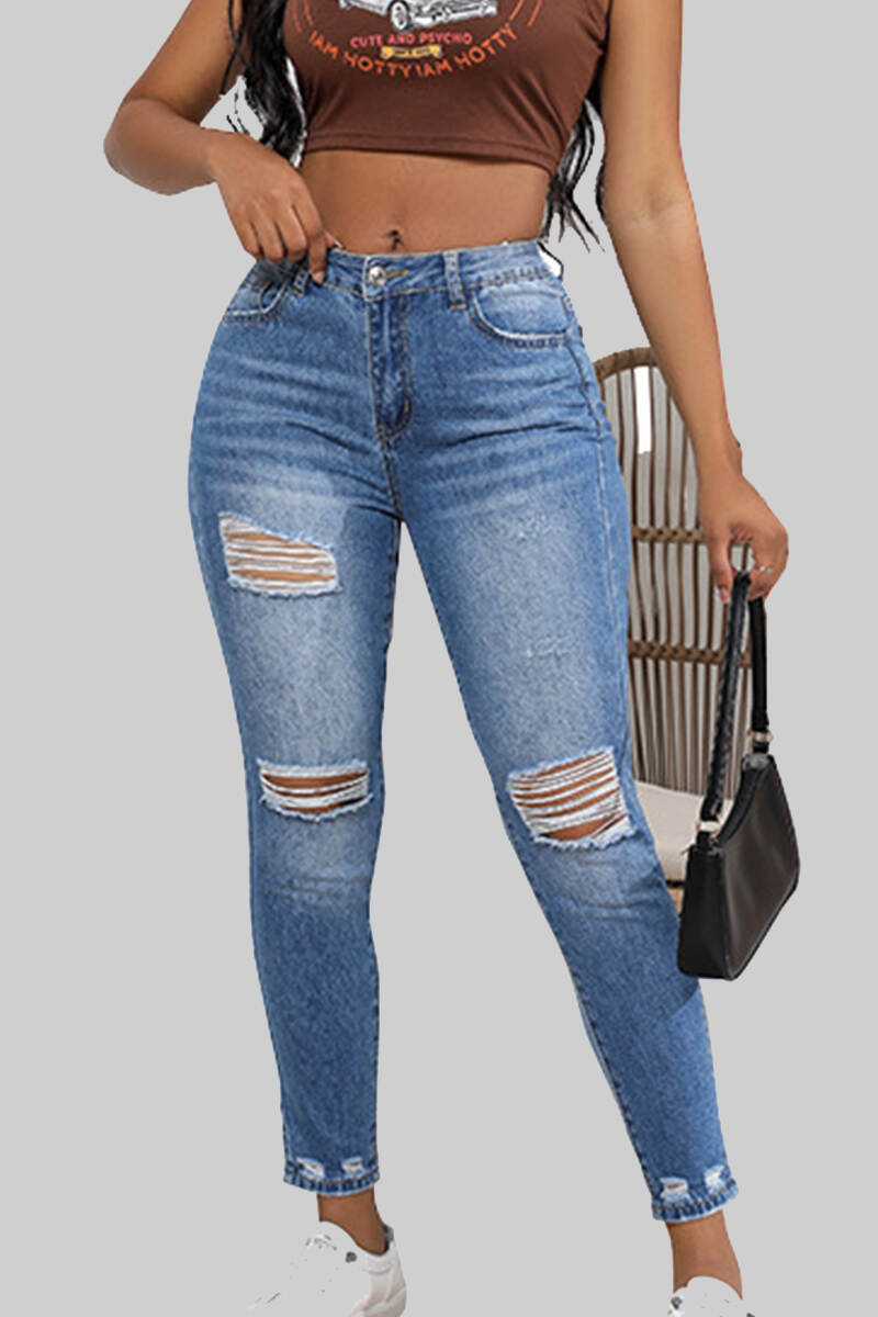 Blue Sexy Solid Ripped Patchwork Pocket Buttons Zipper Low Waist Skinny Denim Jeans