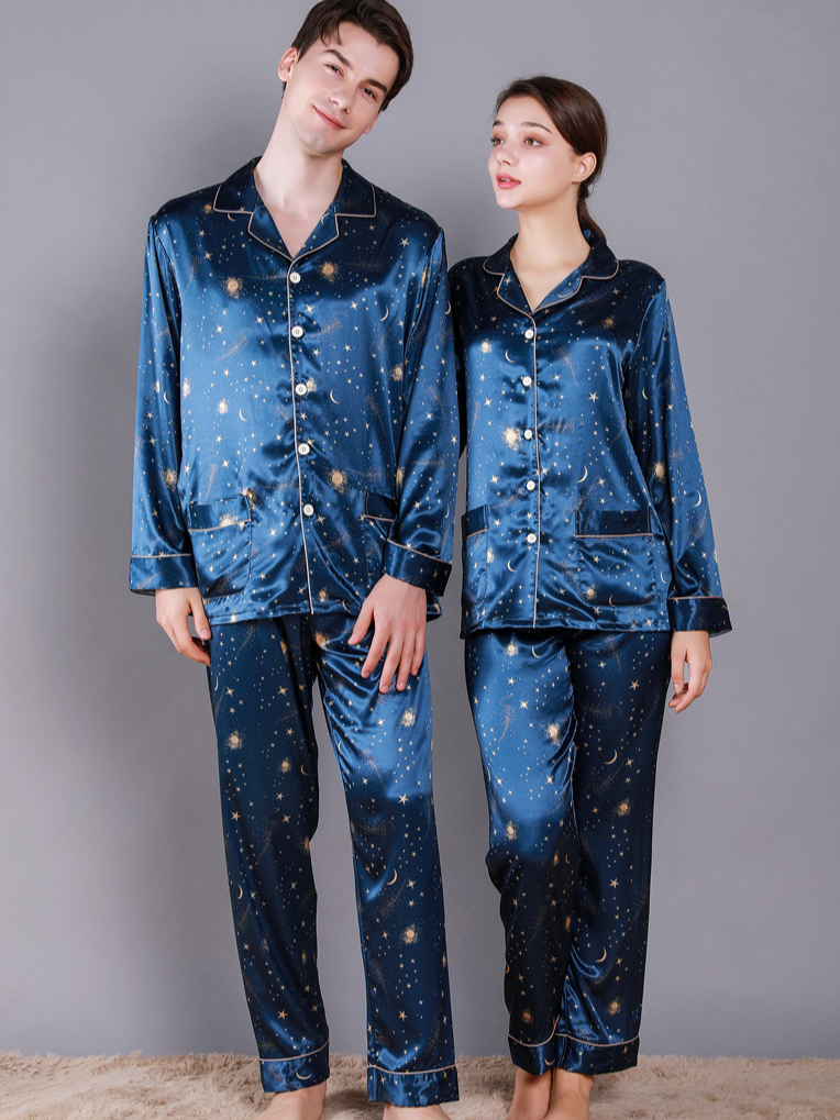 Ice Silk Starry Sky Casual V Neck Long Sleeve Couple Pajama Set