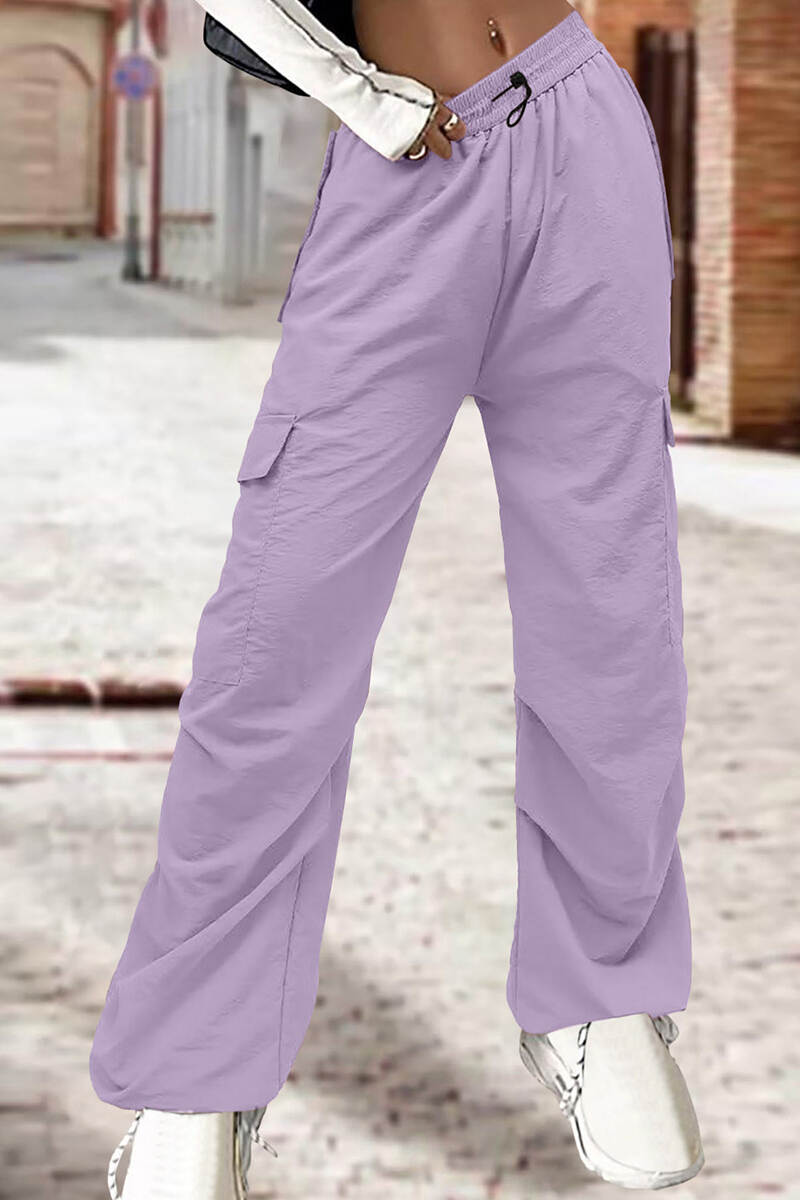 Light Purple Street Solid Patchwork Draw String Pocket Straight Low Waist Straight Solid Color Bottoms