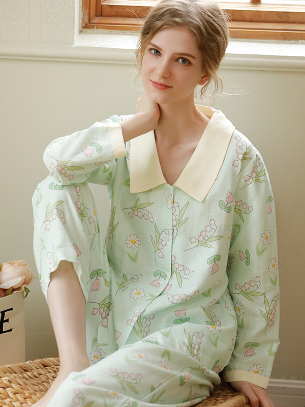 Simple Regular Long Sleeve Floral Cotton Regular Fit Pajama Set