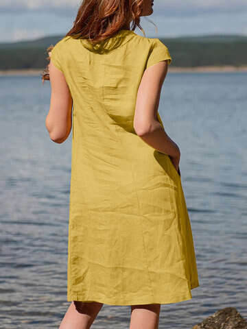 Women Casual Dresses | Women Solid Short Sleeve Pocket Crew Neck Dress - BN02462