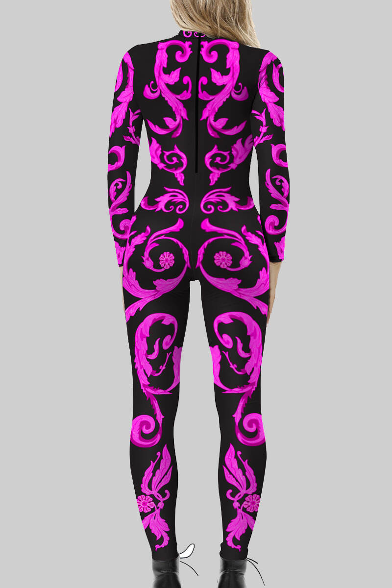 Purple Sexy Print Patchwork Zipper O Neck Skinny Jumpsuits