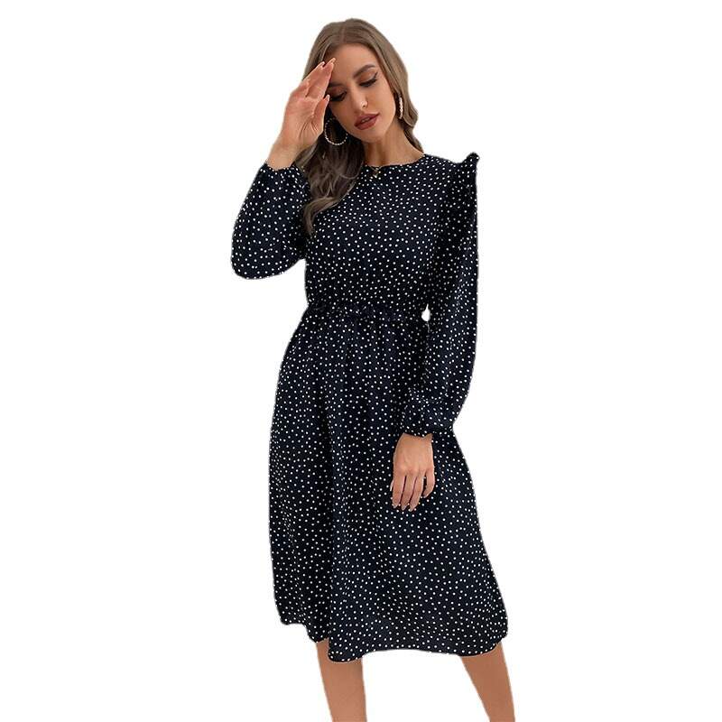 Ruffled polka-dot long sleeve dress for autumn and winter