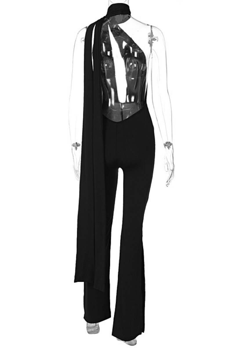 Black Sexy Solid Hollowed Out Backless Slit Halter Skinny Jumpsuits