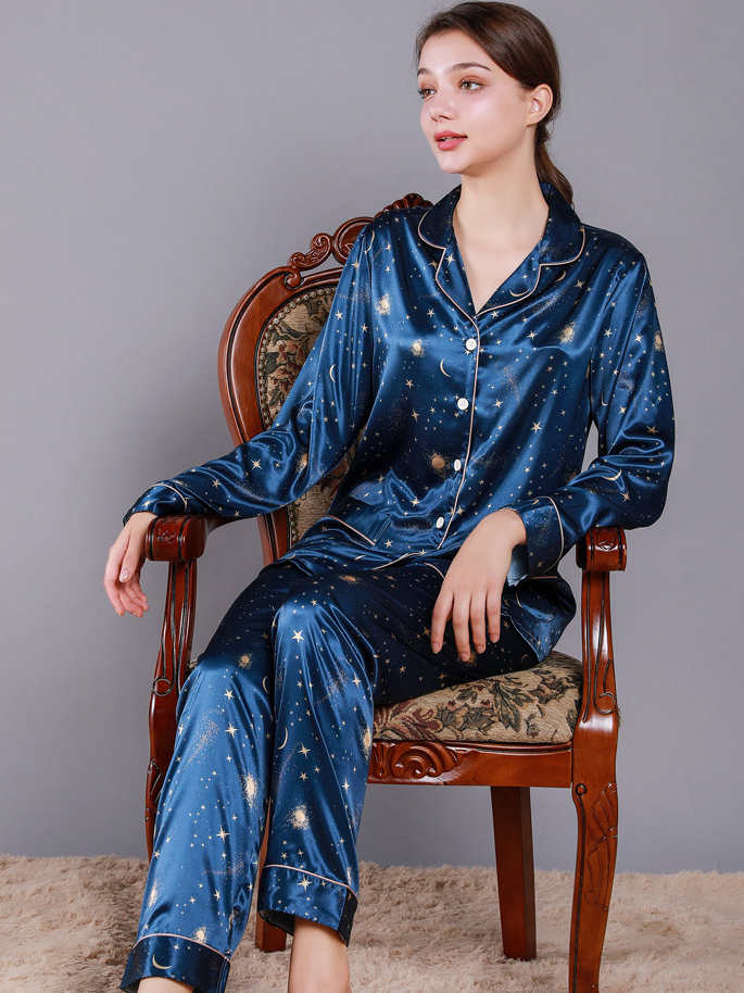 Ice Silk Starry Sky Casual V Neck Long Sleeve Couple Pajama Set