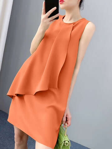 Women Casual Dresses | Solid Ruffle Front Crew Neck Sleeveless Casual A-line Dress - WP59890