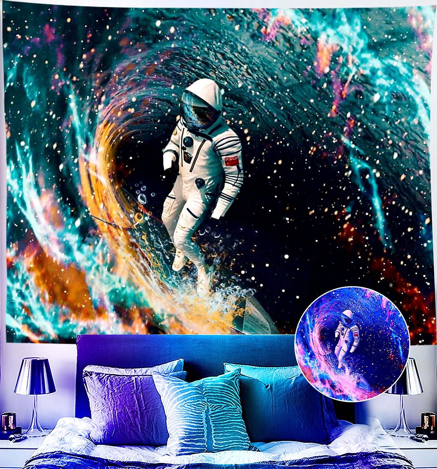 Astronaut Blacklight UV Reactive Wall Tapestry Universe Galaxy