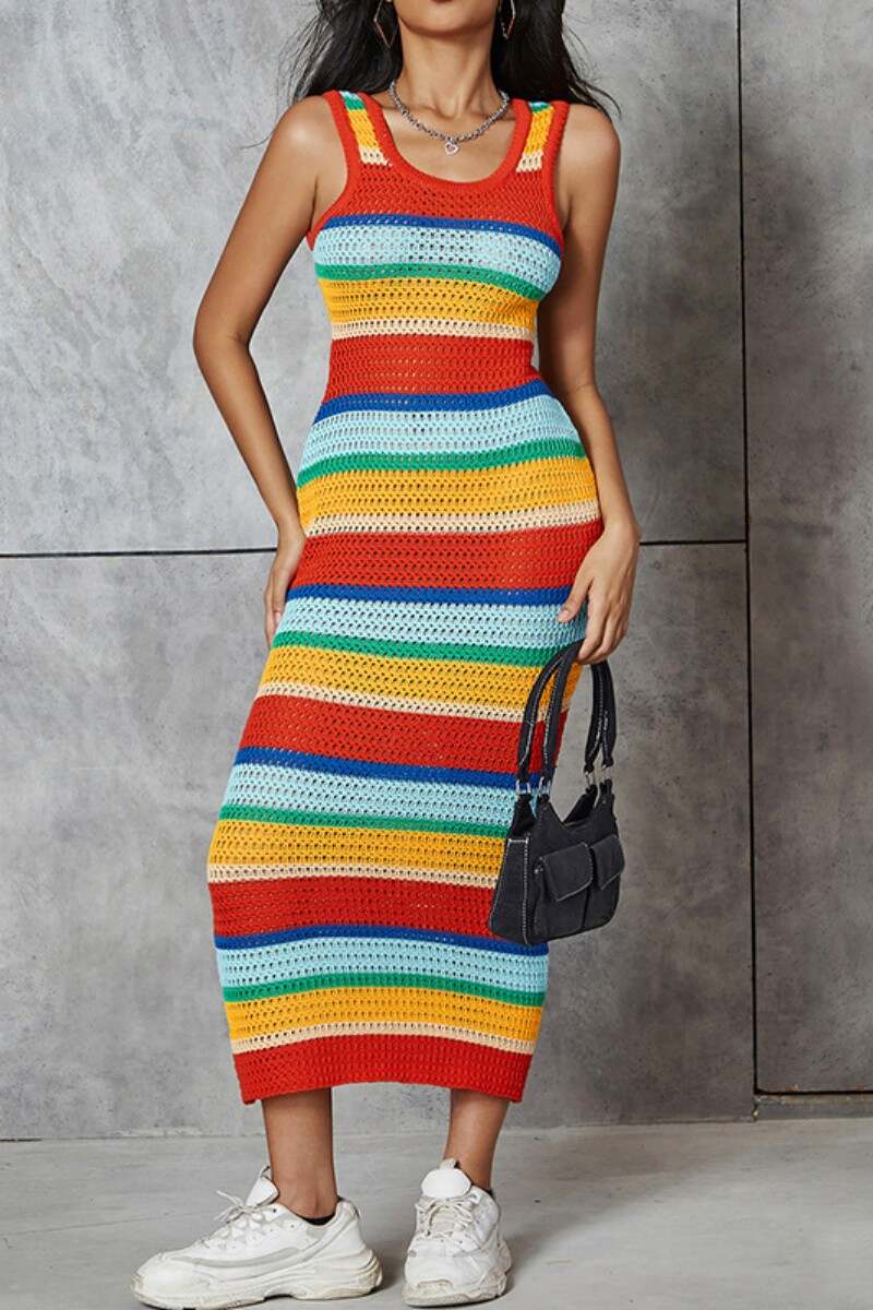 Colour Casual Patchwork Contrast U Neck Vest Dress Dresses