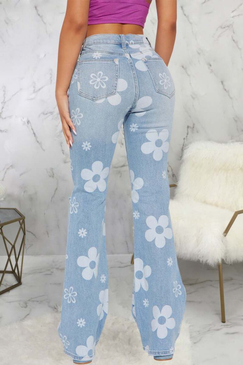 Blue Casual Print Ripped High Waist Regular Denim Jeans