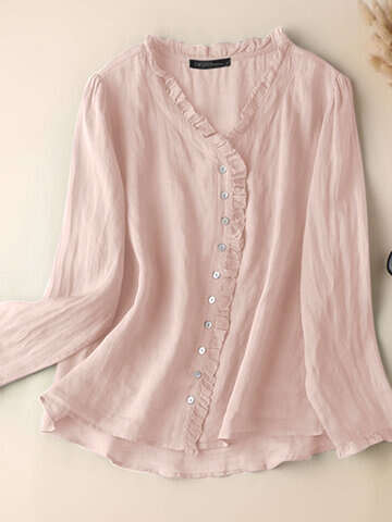 Women Blouses & Shirts | Solid Ruffle Trim V-neck Button Front Long Sleeve Blouse - KK60369