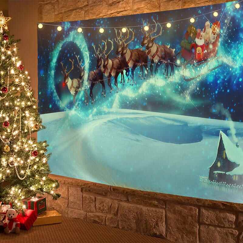 Christmas Decor LED Lights Wall Tapestry Snow Forest Christmas Tree Print