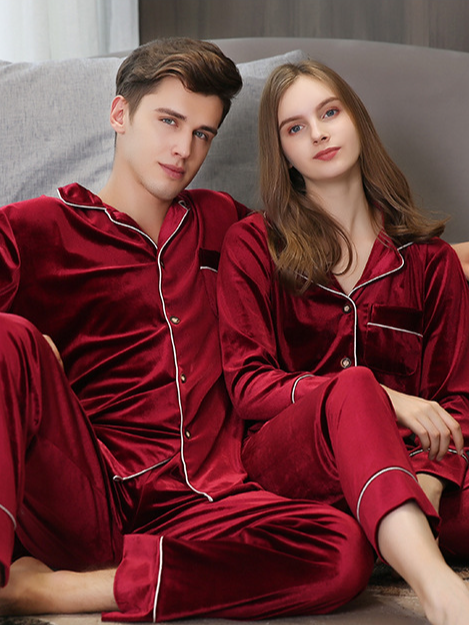 Gold velvet pajamas for men, spring and autumn suit, long sleeves, thickened Couple Pajamas Set